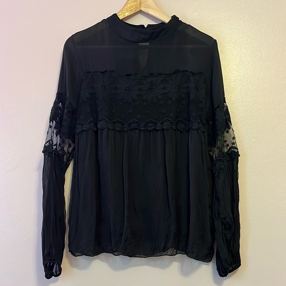 Via Signoria Italy Silk Lace Long Sleeve Black Blouse Sz Medium Whimsigoth Boho - Picture 1 of 8